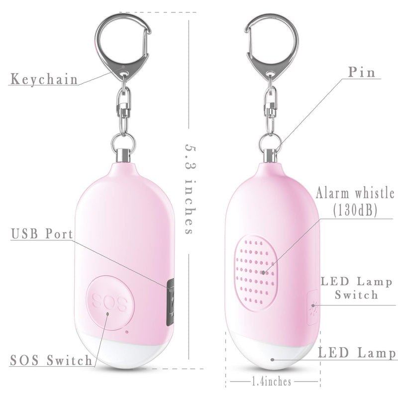 Safesound Personal Alarm Siren Song 2 Pack - 130dB Self Defense Alarm Keychain Emergency LED Flashlight with USB Rechargerable - Security Personal Protection Devices for Women Girl Kid Elderly Pink & White