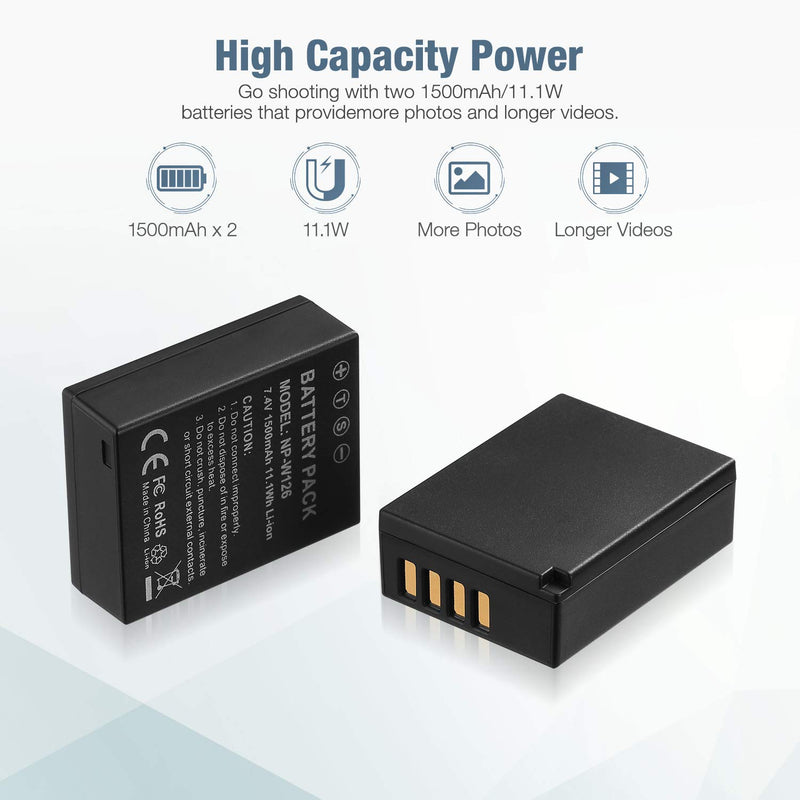 NP-W126 NP-W126s Battery and Rapid USB Charger Compatible with Fujifilm X-A1, X-A2, X-A3, X-A5, X-A10, X-E1, X-E2, X-E2S, X-E3, X-H1, X-M1, X-Pro2, X-T1, X-T2, X-T3, X-T10, X-T20, X-T30, X-T100, X100F