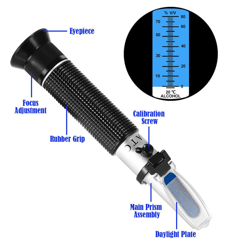 Handheld Alcohol Refractometer,V·RESOURCING 0~80% Alcohol Content Measurement Tool Tester for Spirits Distilled Ethanol with Water like Whiskey, Brandy;Used in Scientific Research, Alcohol Purchase