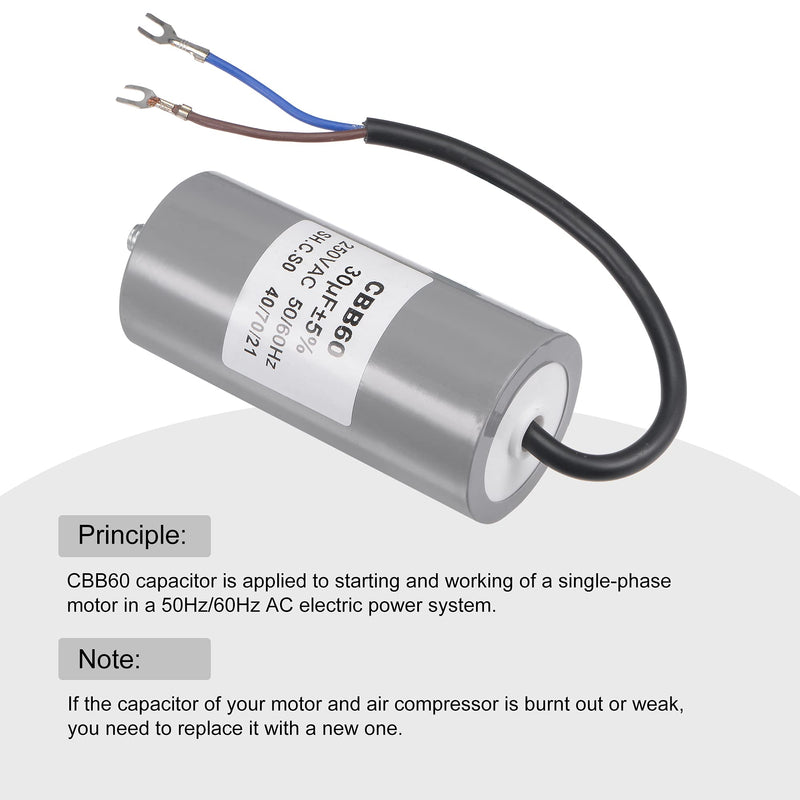 MECCANIXITY CBB60 Run Capacitor 30uF 250V AC 2 Wires 50/60Hz Cylinder 96x46mm with Terminal, M8 Fixing Stud for Air Compressor Water Pump Motor