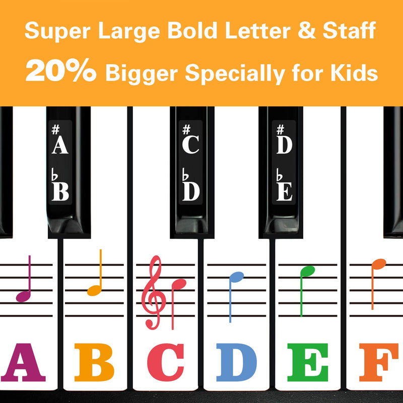 Piano Keyboard Stickers for 88/61/54/49/37 Key. Super Large Bold Colorful Letter. Good Tool for kids Learning. Multi-Color,Transparent,Removable 88 Keys Super Large Letter Multi-Colored