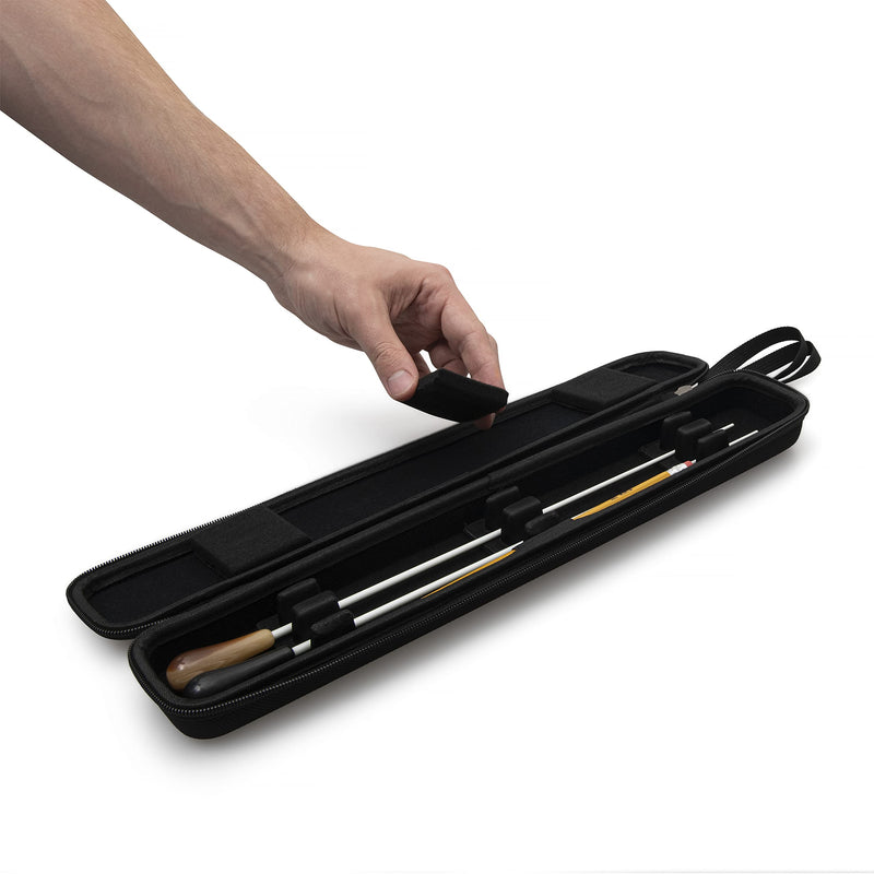 Conducting Baton Case - Holds 2 Batons up to 16" (batons not included) - Includes Carrying Strap and 2 Metal Bookmarks - Adjustable Support Inserts and Lid Pads - Keeps Conductor Sticks Secure
