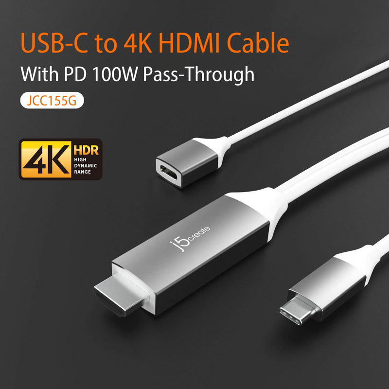 j5create USB Type C to 4K@60Hz HDMI 6ft Charging Cable with PD 100W, Compatible with Thunderbolt 3/4, MacBook Pro/Air, iPad Pro, iPad Air 4, ChromeBook and More (JCC155G)