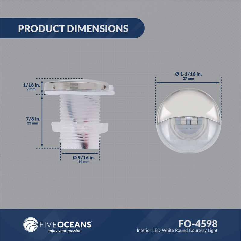 Five Oceans FO4598-M4 Interior LED White Round Courtesy Light, ABS Plastic, AISI316 Stainless Steel Half-Moon Cover, Waterproof IP68, 12 Volts DC, 2 LED Pieces, 4-Pack White - 4-Pack
