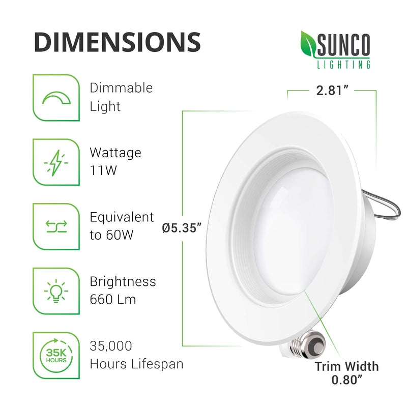 Sunco Lighting 2 Pack 4 Inch LED Recessed Downlight, Baffle Trim, Dimmable, 11W=60W, 5000K Daylight, 660 LM, Damp Rated, Simple Retrofit Installation - UL + Energy Star