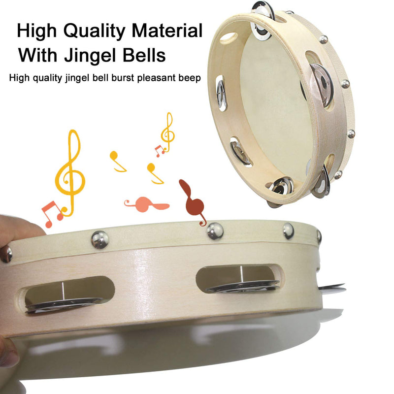 WeiMeet 2 Pieces Tambourines Wooden Handheld Tambourines with Jingel Bells 6 Inches and 8 Inches