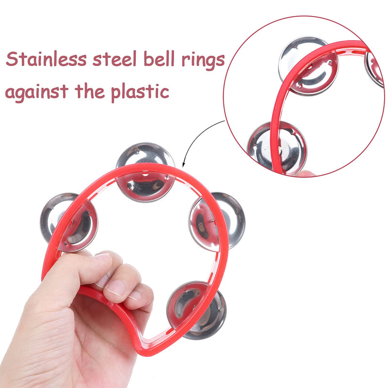 CNSJ 6 Pieces Plastic Percussion Tambourines Half Moon Tambourine Handheld Tambourine with Jingle Bells Musical Hand Tambourine Music Instrument for Kids Adults (Green, Red)