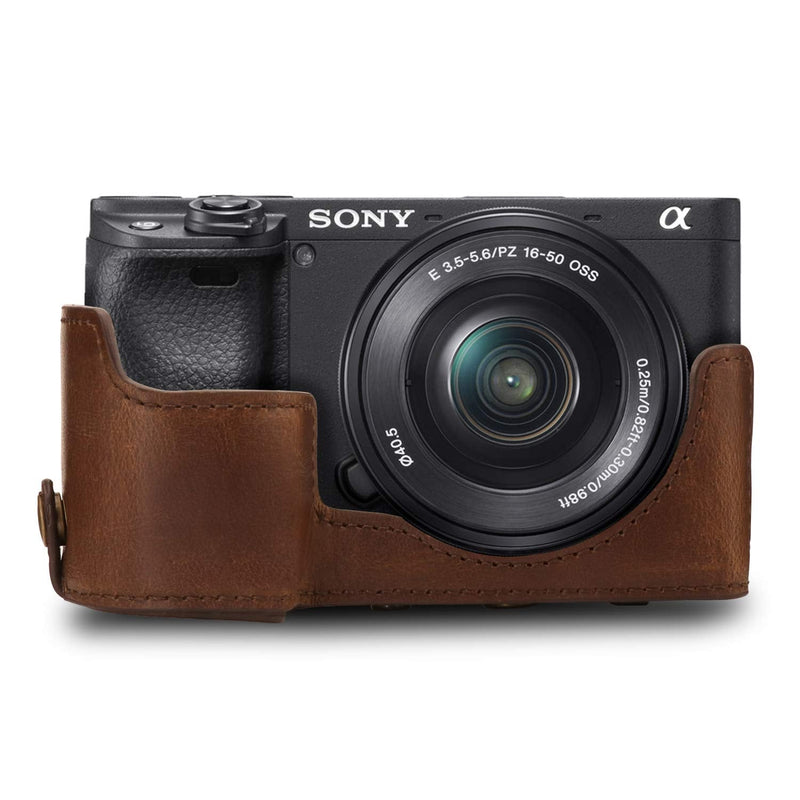 MegaGear Ever Ready Leather Camera Case Compatible with Sony Alpha A6100, A6400 (18-135mm) Brown