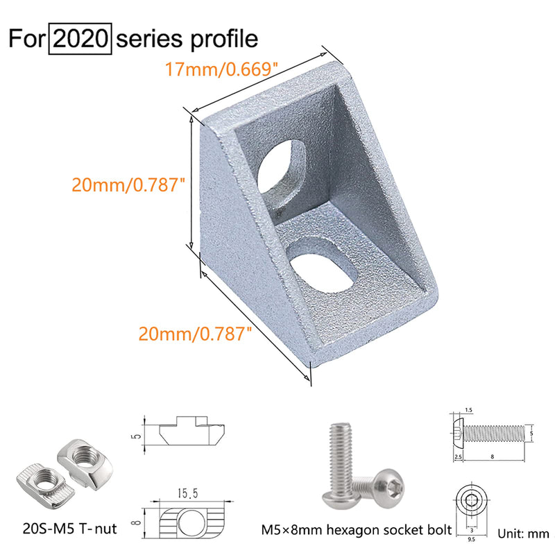 20 Sets Aluminum Profile Connector Set,20pcs Corner Bracket, 40pcs T Nuts and Hex Socket Cap Screws for 6mm Slot 2020 Series Aluminum Extrusion Accessories 1720-20Set with Nut Screw