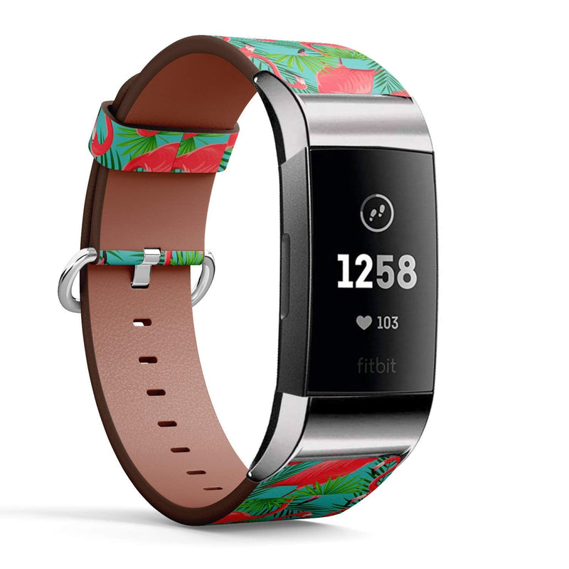 Compatible with Fitbit Charge 4 / Charge 3 / Charge 3 SE - Leather Watch Wrist Band Strap Bracelet with Stainless Steel Adapters (Flamingos)