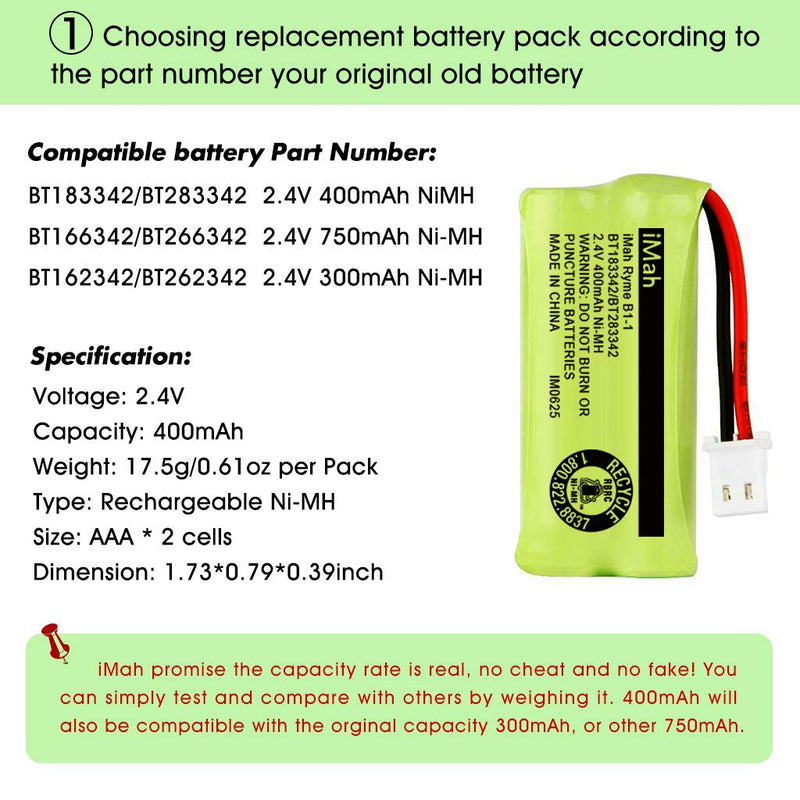 iMah BT183342/BT283342 2.4V 400mAh Ni-MH Battery Pack Compatible for BT166342/BT266342 BT162342/BT262342 2SN-AAA40H-S-X2, 6-Pack