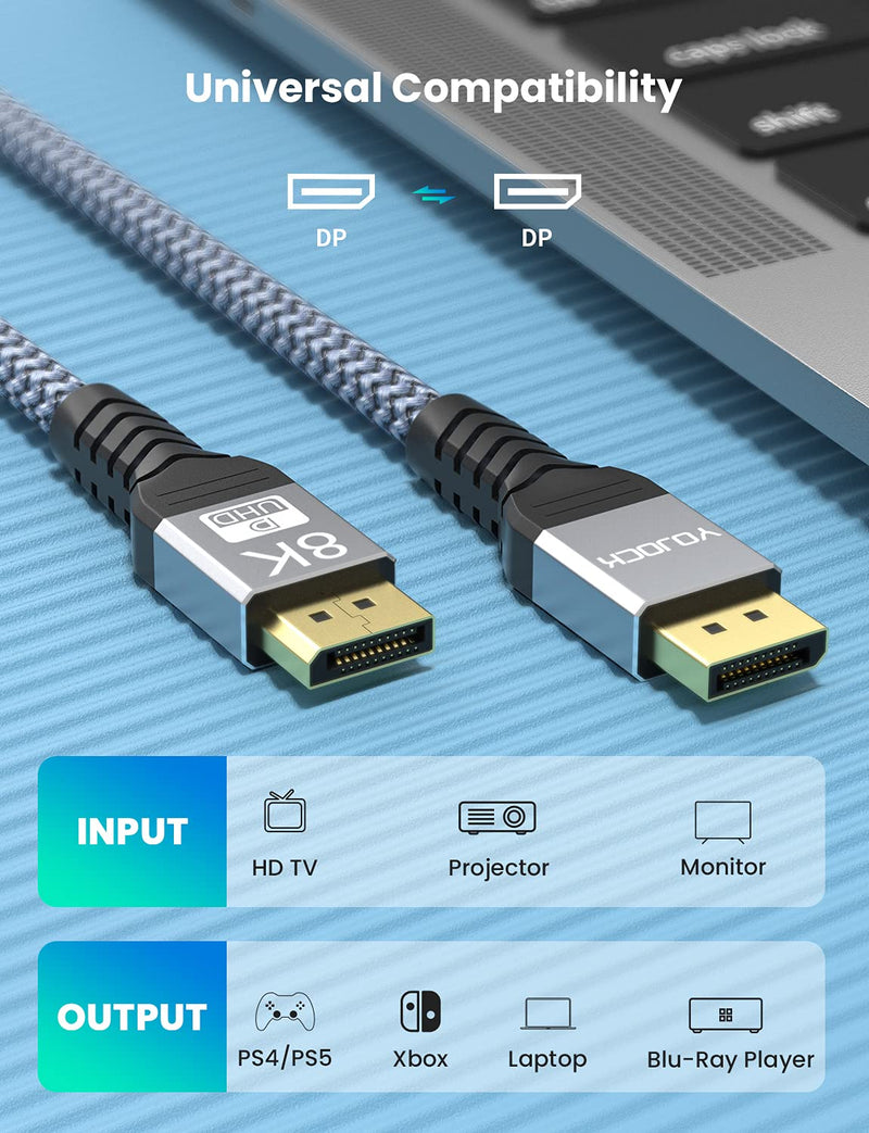 8K Displayport Cable 1.4, YOJOCK Monitor DP Cable 6.6ft/2M [8K@60Hz, 4K@144Hz, 2K@165Hz, HDR] High Speed DisplayPort to DisplayPort Cable Nylon Braided Compatible Laptop, PC, Gaming, TV (10FT) 10FT