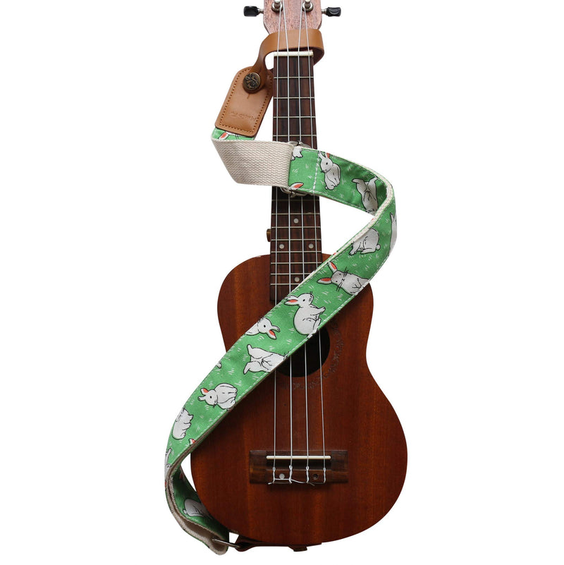 MUSIC FIRST Original Design Cute Cartoon “Little Bunny” Soft Cotton & Genuine Leather Ukulele Strap Ukulele Shoulder Strap With a MUSIC FIRST Genuine Leather Strap Locker