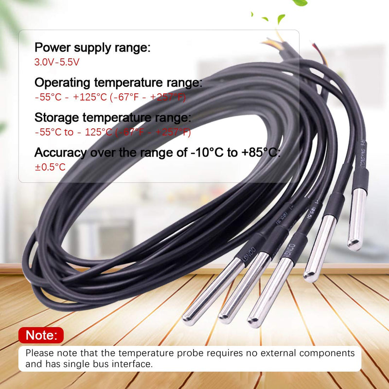 Hilitchi 3m/9.8ft DS18B20 Waterproof Temperature Sensors Digital Temp Probe (Pack of 5pcs)