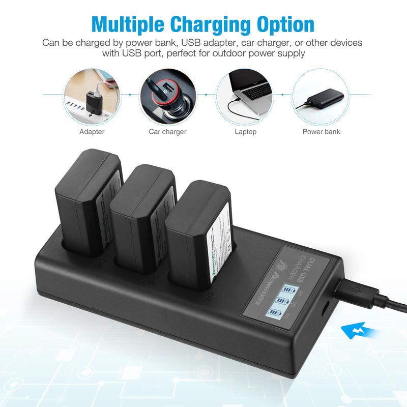 Powerextra NP-FW50 Rechargeable Battery Charger Set for Sony A6000 A6500 A6300 A7 A7II A7SII A7S A7S2 A7R A7R2 A7RII A55 A510 RX10 RX10II (3 Pack Batteries and 3 Channel Charger LCD Display)