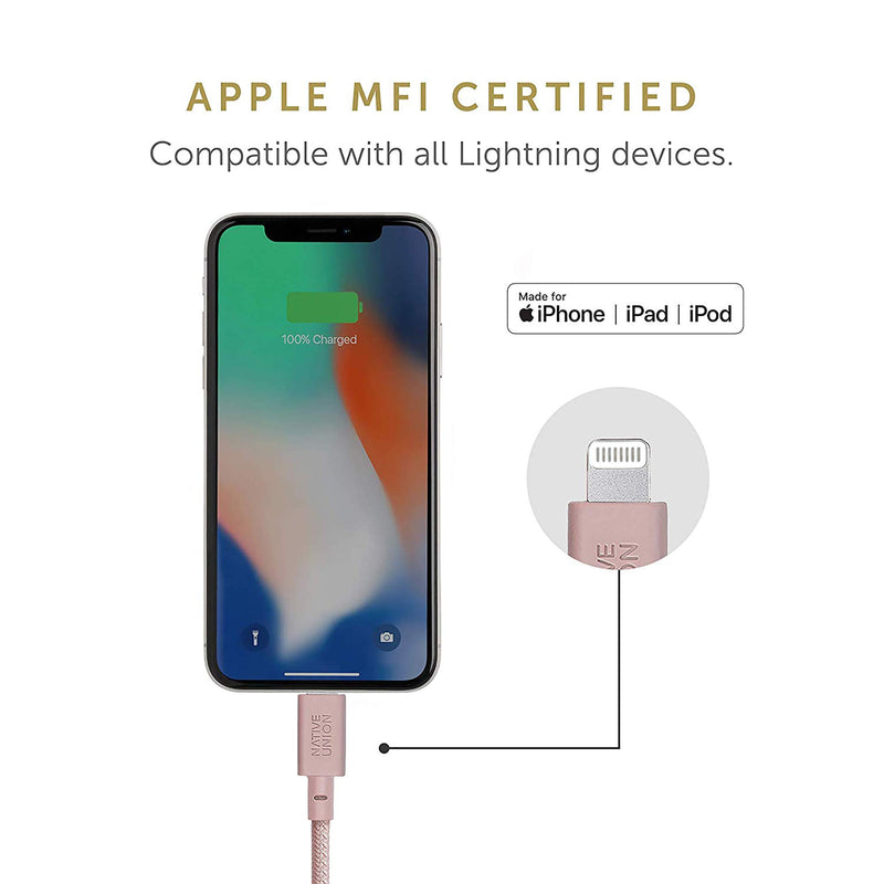 Native Union Belt Cable XL - 10ft Ultra-Strong Reinforced Durable USB-C to Lightning [MFi Certified] Charging Cable with Leather Strap Compatible with iPhone/iPad (Rose) Rose