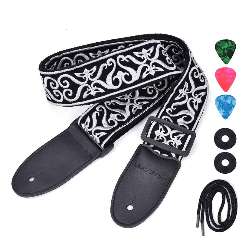 CLOUDMUSIC Acoustic Electric Bass Guitar Strap Jacquard Embroidered Strap With Leather Ends Vintage Pattern Design Picks Free(Silver) Silver