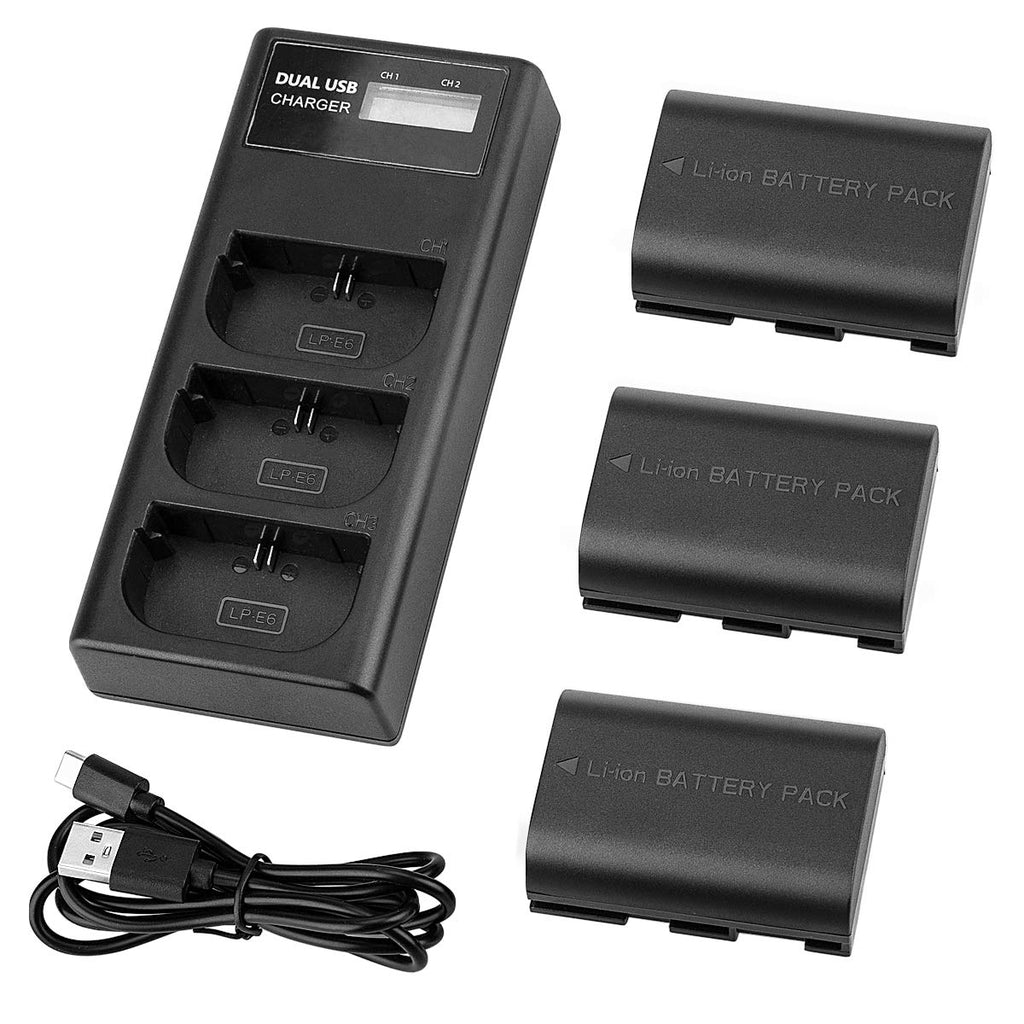 LP-E6 LP E6N Battery Charger Pack, LP 3-Pack Battery & Triple Slot Charger Compatible with Canon EOS 90D, 80D, 70D, 60D, 60DA, 7D Mark II, 7D, 6D Mark II, 6D, 5D Mark IV, 5D Mark III, 5D Mark II, R,R5 3 Batteries and Charger