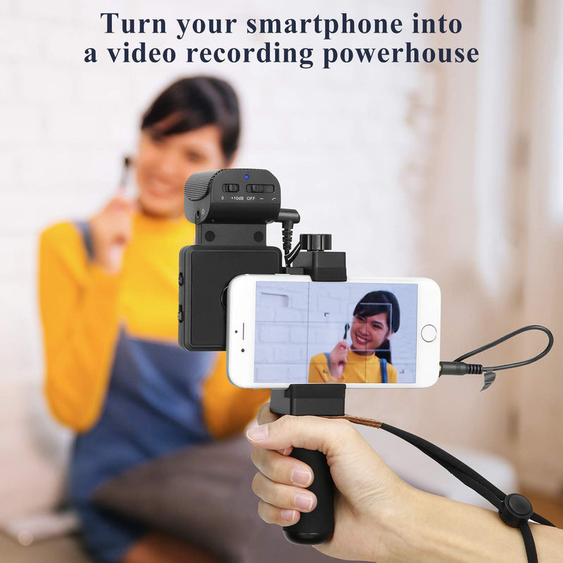 SmartCine Smartphone Video Rig with Built-in Stereo Microphone, LED Light, Wide-Angle Fisheye Lenses - Live Stream Selfie Youtuber Vlogger Microphone Kit Compatible with iPhone Android Phones