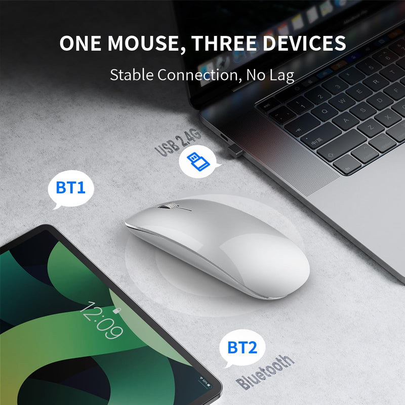 TENMOS M18 Bluetooth Mouse, USB C Rechargeable Wireless Mouse, Triple Mode (Dual Bluetooth+USB) Computer Silent Mice Portable with USB Receiver and Type C Adapter for Laptop/MacBook/iPad/PC (Silver) silver