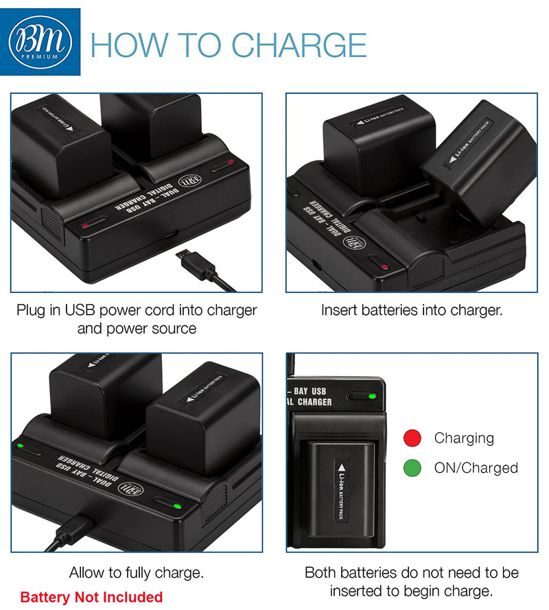 BM NP-F330, NP-F550, NP-F970 Dual Bay Battery Charger for Sony PXW-Z150, NEX-EA50M, FDR-AX14K, HDR-AX2000, FX1, FX7, FX1000, HVR-HD1000, V1U, Z5U, Z7U, HXR-NX5U, MC2000U, MC2500, HXR-NX100 Camcorders