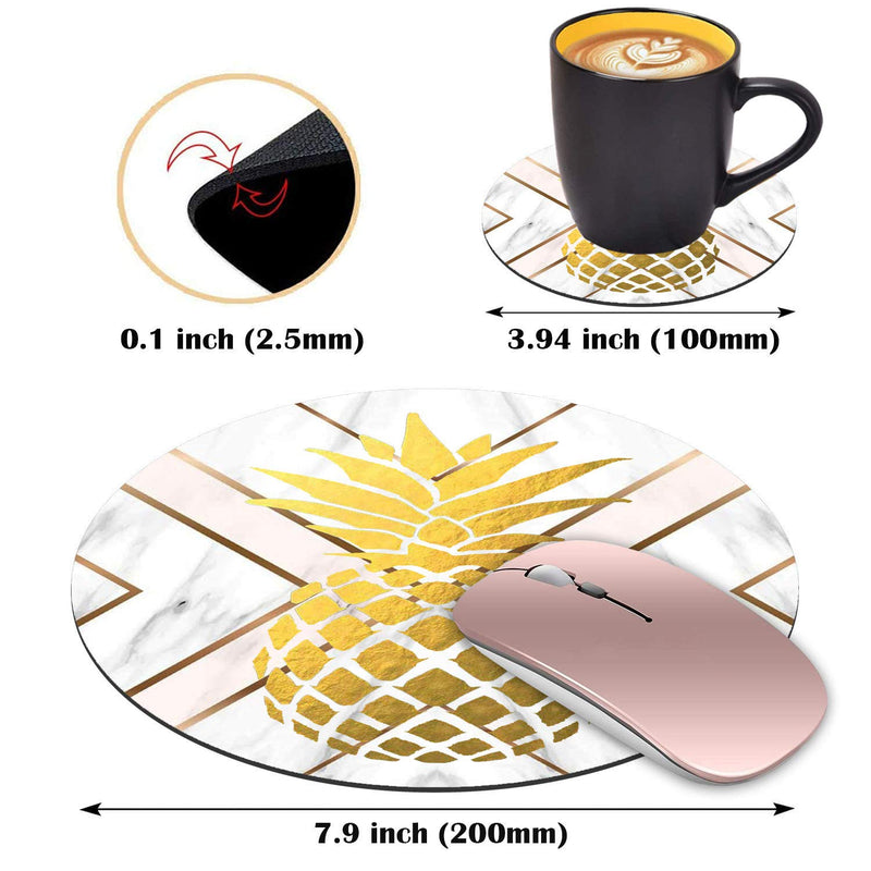 LACOMA Round Mouse Pad and Coasters Set, Gold Foil Pineapple White Marble Design Mouse Pad, Non-Slip Rubber Base Mouse Pads for Laptop and Computer, Cute Design Desk Accessories La-mp-09