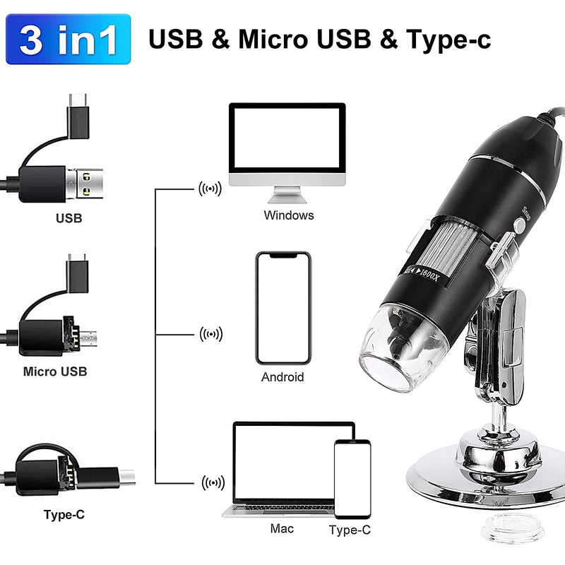 Leipan 3 in 1 USB Digital Microscope 1600X Handheld Zoom Mignification with Universal Rotating Base and 8 LED Lights for Kids and Adults Compatible with Windows,Mac and Android