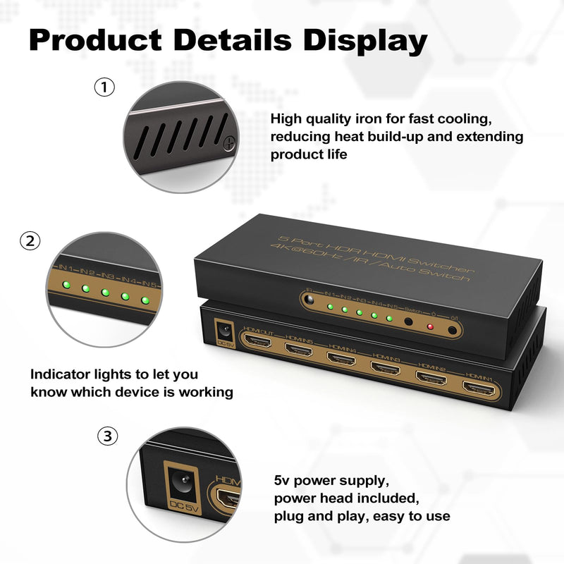 (Upgrate) FERRISA HDMI Switch 5 in 1 Out 4K@60Hz, 5 Port 4K HDMI Switcher Selector Box with IR Remote support 4K@30Hz CEC HDCP2.2 18Gbps 3D, 4K HDR HDMI Switch Compatible with PS5/4 Fire Stick TV Roku 4K@60Hz 5x1 HDMI Switch