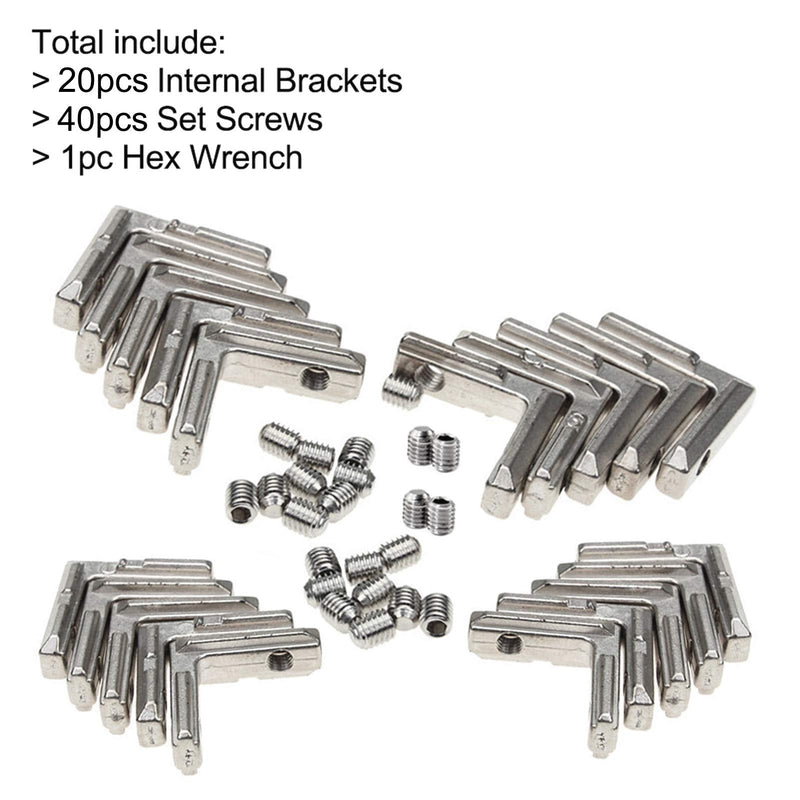 20pcs/lot Slivery 2020 Series L-Shape Interior Inside Corner Connector Joint Bracket with Screws for 20x20 Series Aluminum Extrusion Profile Slot 6mm