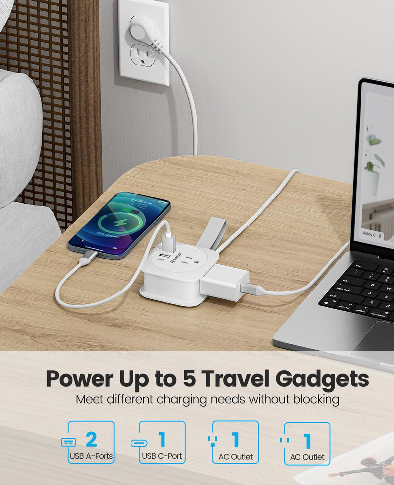ORICO Travel Power Strip with USB C Ports, Extension Cord Flat Plug 3 USB Ports 2 Outlets 3.7 Ft Wrapped Around, Compact and Portable Travel Essentials Cruise Ship Accessories Must Haves, White 1 USB-C 2 USB-A | 2 Outlets | White