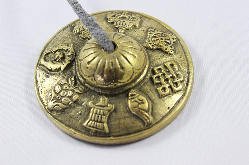 2.6" Tibetan Tingsha Meditation Bell - 8 Auspicious Symbols Beautifully Embossed on the Surfaces - Hand Tuned & Crafted in Nepal