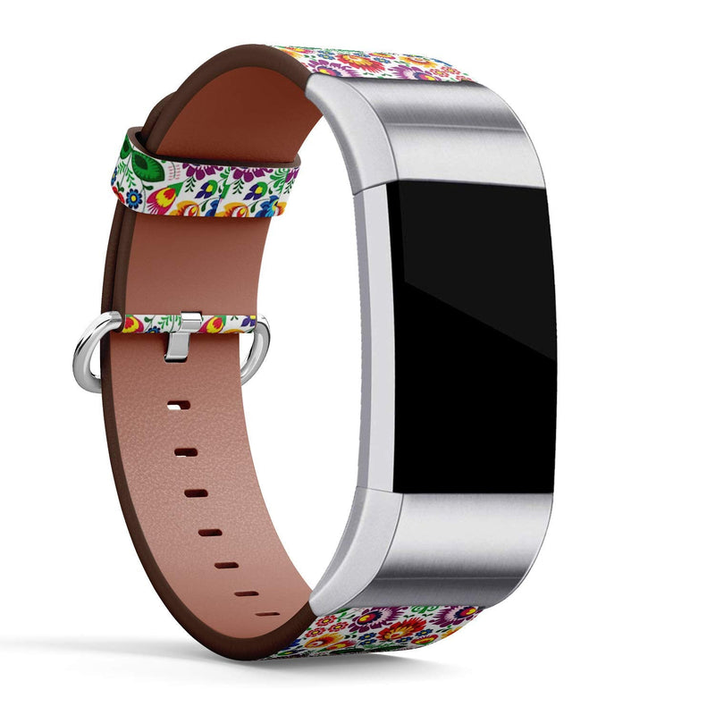 Compatible with Fitbit Charge 2 - Replacement Accessory Leather Band Strap Bracelet Wristbands with Adapters (Traditional Floral Polish Folk)
