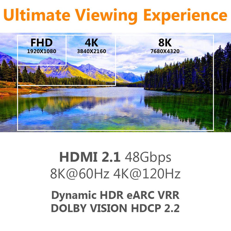 8K HDMI Cable 10ft Ultra High Speed 48Gbps HDMI 2.1 to HDMI 2.1 Cable Cord 8K@60Hz, 4K@120Hz, Dolby Vision, HDCP 2.2, 4:4:4 HDR, eARC Compatible with Apple TV Roku Xbox PS4 PS5 Samsung Sony LG