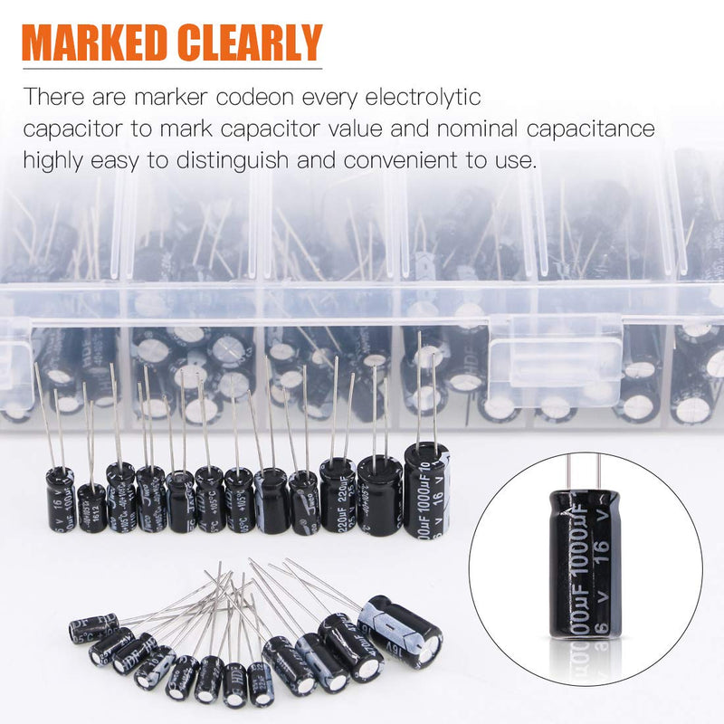 Rustark 240Pcs 24 Values 10V 16V 25V 50V Metal Electrolytic Capacitors Assorted Assortment Box Kit,Range 0.1UF-1000UF Capacitors for Air Conditioning, LED Lights, Audio, Induction Cooker