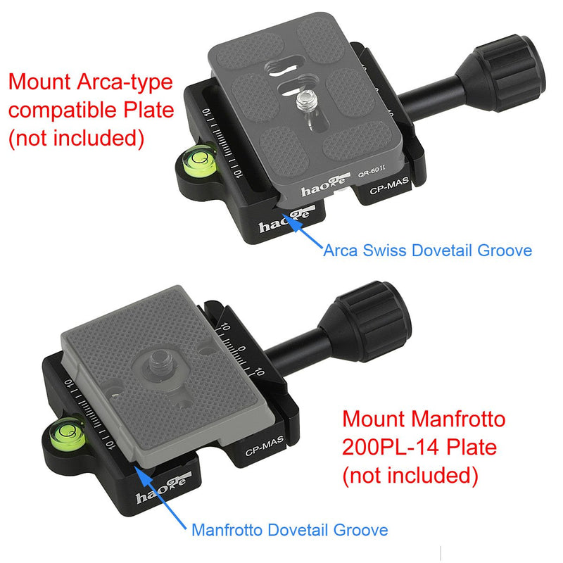Haoge CP-MAS Screw Knob Clamp Adapter Mount for Quick Release QR Plate Camera Tripod Ballhead Monopod Ball Head Fit Arca Swiss and Manfrotto 200PL-14 RC2 Plate