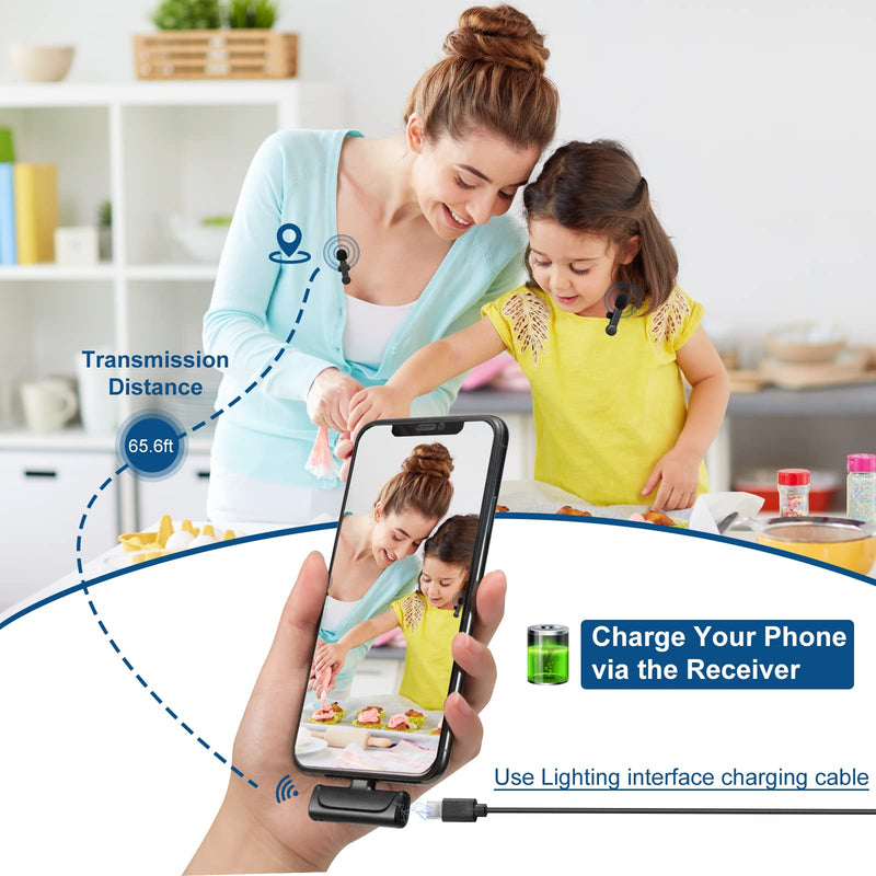 2Pcs Wireless Microphone for iPhone iPad, Plug-Play Wireless Lavalier Microphone for Video Recording, TikTok, YouTube, Vloggers, Auto-Sync Noise Reduction Wireless Lapel Mic