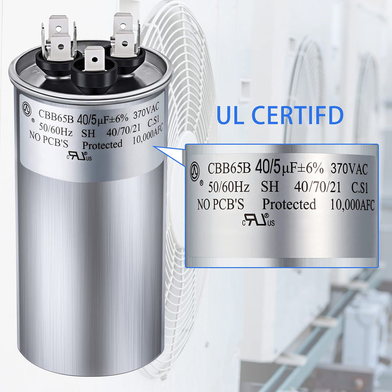40/5 MFD uF ±6% 370/440 VAC CBB65B Dual Run Round Capacitor, UL Listed Motor Run Capacitor for Condenser Straight Cool or Heat Pump Air Conditioner Parts Replacements 40/5