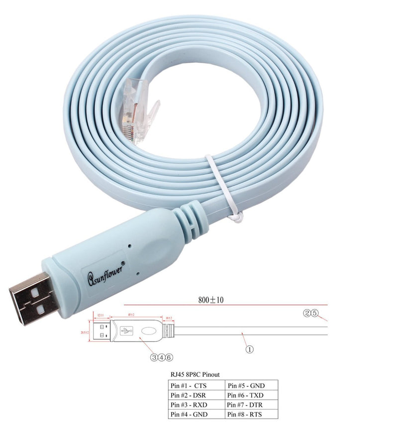 Asunflower 6Ft Ftdi USB to Serial / Rs232 Console Rollover Cable for Cisco Routers - Rj45