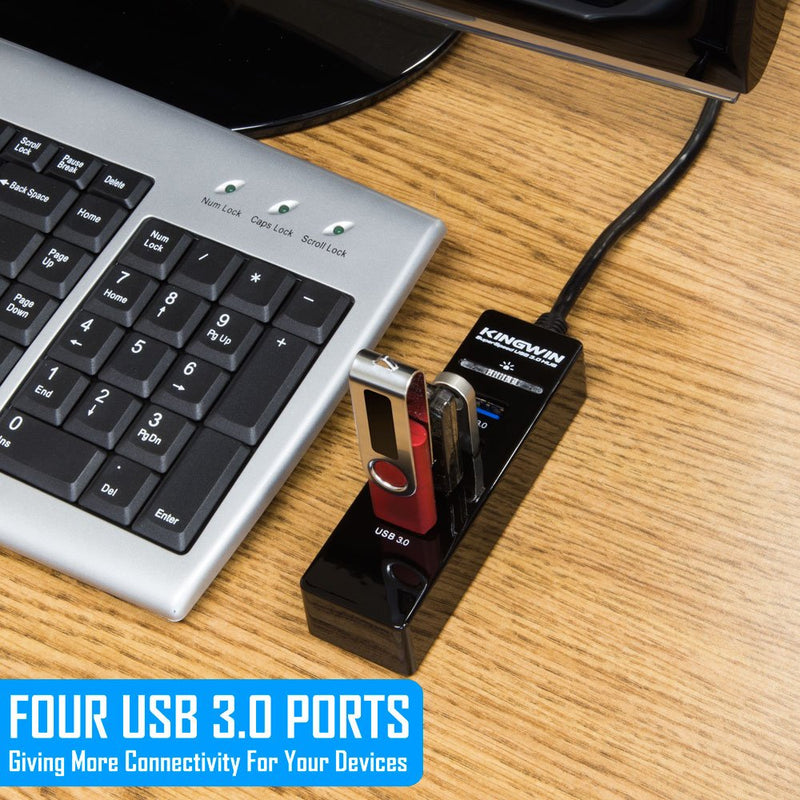 Kingwin 4-Port USB 3.0 Hub w/LED for MacBook, Mac Pro/Mini, iMac, Chromebook, Surface Pro, USB Flash Drives, Mobile SSD, Notebook PC, XPS, and More, Black (KW-HUB-4U3) 4 Port (Black)
