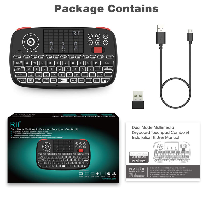 (Upgrade) Rii i4 Mini Bluetooth Keyboard with Touchpad, Blacklit Portable Wireless Keyboard with 2.4G USB Dongle for Smartphones, PC, Tablet, Laptop TV Box iOS Android Windows Mac.Black Newest Version i4 BT+2.4G