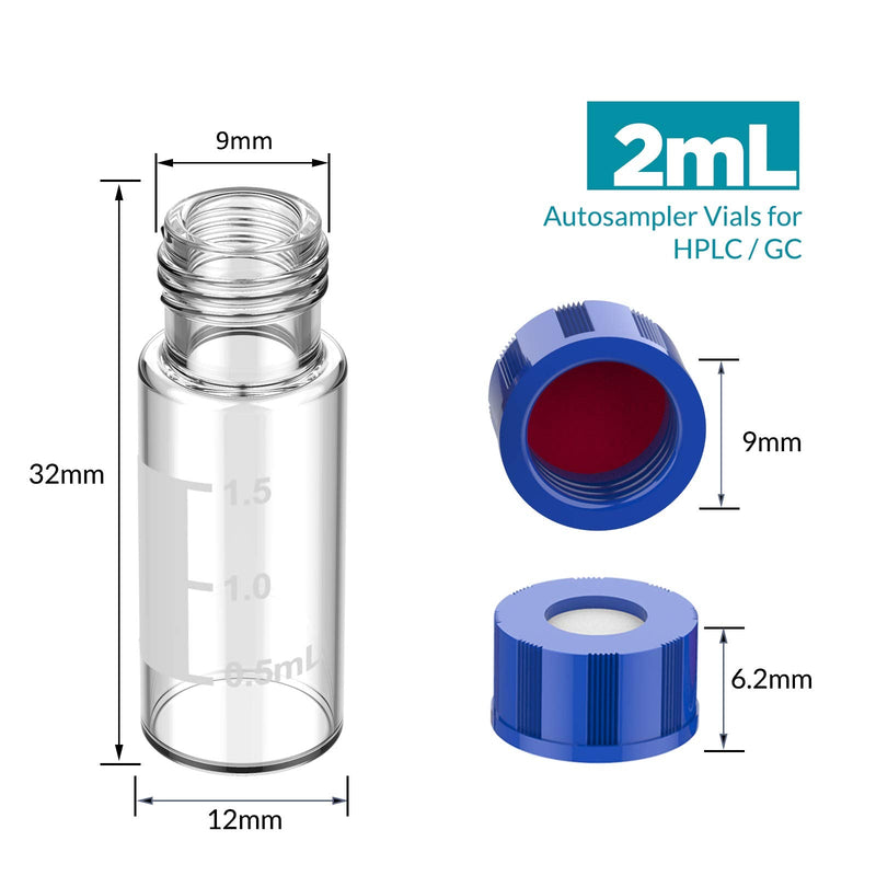 Autosampler Vials, Membrane Solutions 2ml HPLC Vials, 9-425 Lab Clear Vials with Write-on Spot and Graduations, 9mm Blue ABS Screw Caps & Septa for GC Sample Vials, 100 Pcs 100pcs Clear Vial & Red PTFE septa