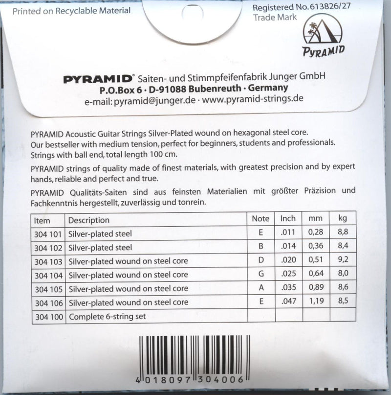 Pyramid Acoustic Guitar Strings  "Silver Plated" Set, Medium (Model: 304 100 )