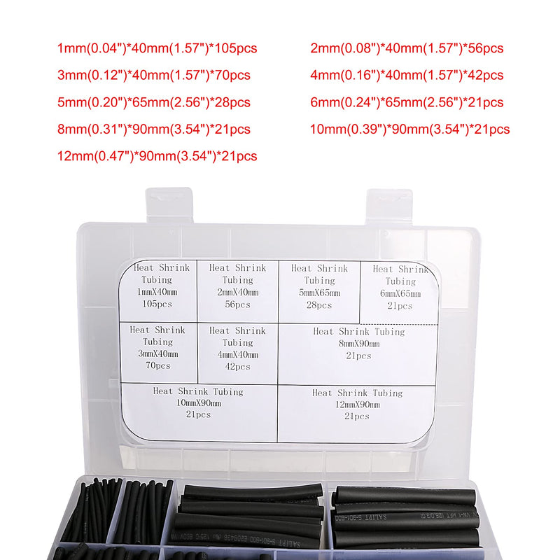 Heat Shrink Tubing Kit, Heat Shrink Tubes Wire Wrap, Ratio 2:1 Electrical Cable Sleeve Assortment with Storage Case for Long Lasting Insulation Protection (9 Sizes, Black)385pcs