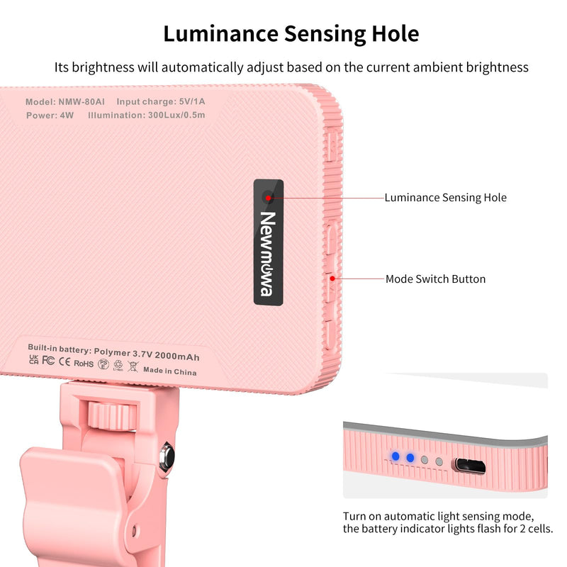 Newmowa Pink Rechargeable Selfie Light, Portable Clip on Video Light for Phone/Laptop/Camera with Smart Light Sensor, 3 Light Modes, with 2000mAh Battery for Selfie/Makeup/Video Conference/TikTok