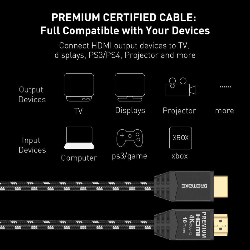 DREMAKE Premium Certified HDMI Cable, 6FT HDMI 2.0 Cable 4K UHD@60Hz,18 Gbps High Speed Support HDR, 3D, ARC & Ethernet Channel Black