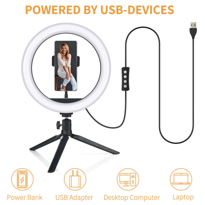 10 Inch Ring Light, Selfie LED Ring Light with Tripod Stand, Phone Holder & Remote Control, Dimmable Desk Makeup Light for Live Streaming, Video Making, Photography, 3 Light Modes & 10 Brightness