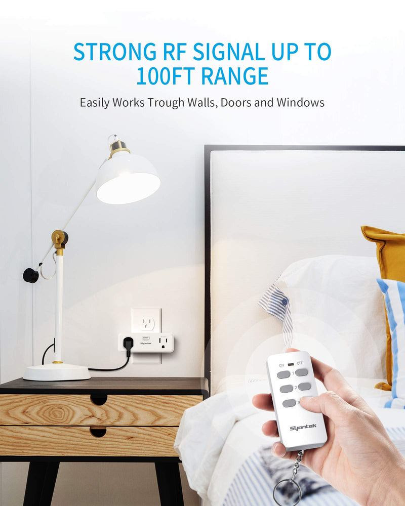 Syantek Wireless Remote Control Outlet for Home Appliances, Remote Switch Outlets up to 100ft Range, Programmable Remote Control Plug Outlet Kit, FCC Certified, White (2 Outlets + 1 Remote)
