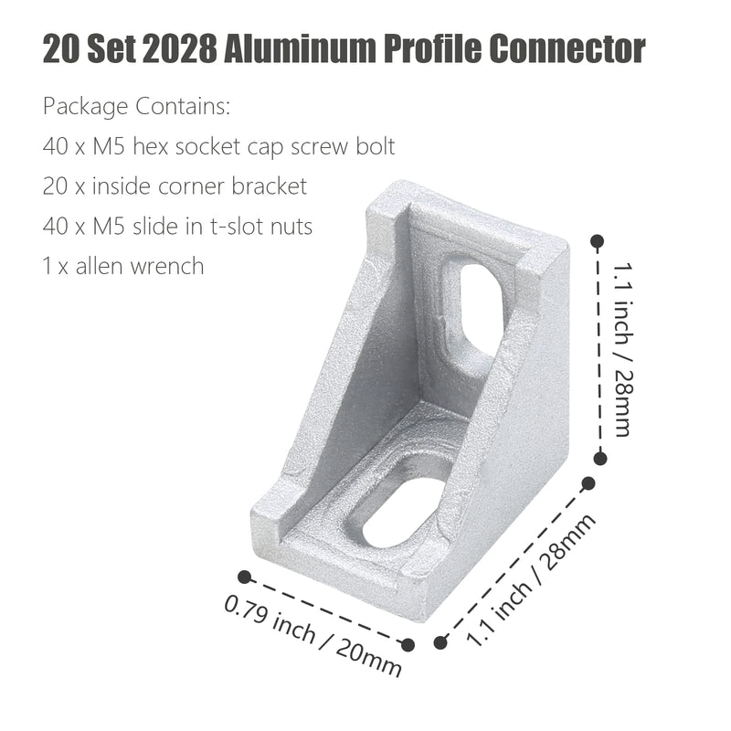 Qjaiune 2028 Aluminum Profile Connector Set, 20Pcs Silver Inside Corner Bracket Gusset with T-Slot Nuts & Screws, L-Shaped Aluminum Extrusion for 2020 Series Aluminum Extrusion Profile with Slot 6mm 2028 Seriess, Bracket with Screw Nut