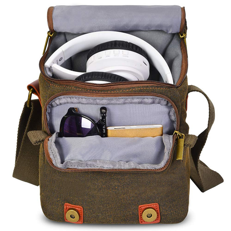 CADeN Compact Camera Bag Case Canvas Leather Trim Compatible for Nikon, Canon, Sony Mirrorless Camera and Lenses Waterproof, Camera Shoulder Messenger Bag Brown Small
