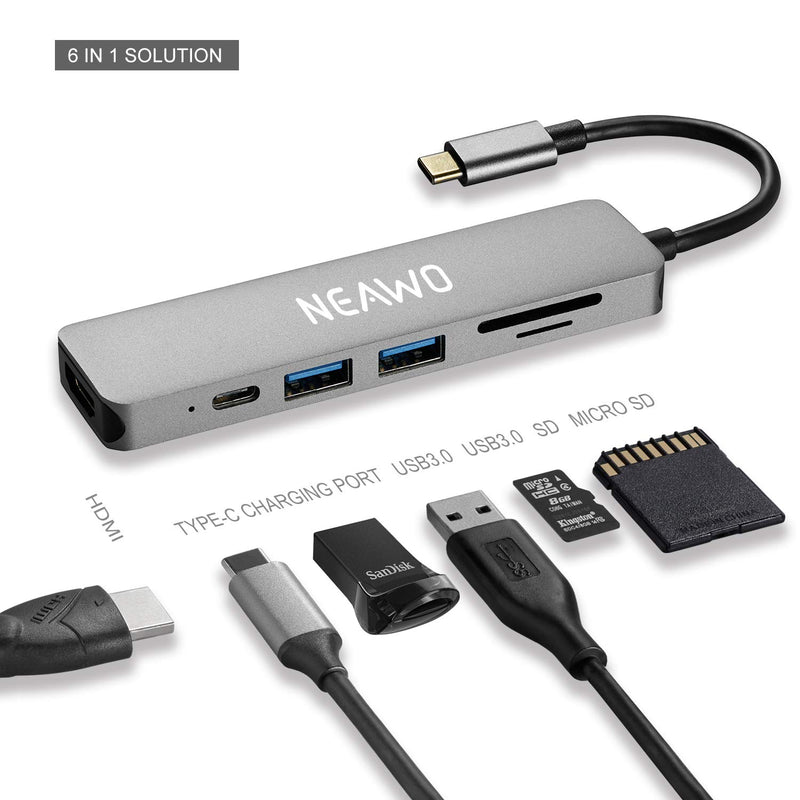 USB C Hub, Neawo 6-in-1 Type C Hub with HDMI 4K Adapter, PD3.0 USB-C Female Charging Port, SD/TF Card Reader, 2 USB 3.0 Ports Compatible MacBook Pro 2018, HW MateBook, Chromebook and More USB C Devi